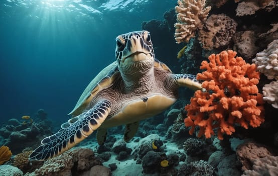 An organism, like a sea turtle, is underwater near a stony coral reef, a vital ecosystem of marine biology, surrounded by invertebrates and colorful corals