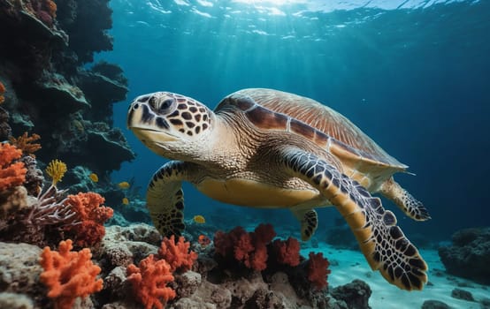 An underwater organism, a sea turtle, is gracefully swimming in the fluid environment near a coral reef, showcasing marine biology in action