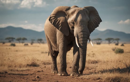 A majestic elephant stands in the middle of a dry grassland ecoregion, under a cloudfilled sky, with its keen eye surveying the natural landscape