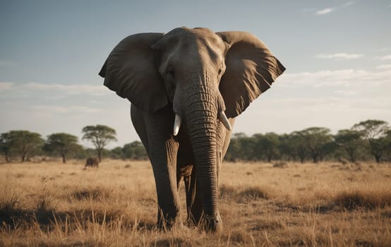 A majestic elephant stands in the middle of a dry grassland ecoregion, under a cloudfilled sky, with its keen eye surveying the natural landscape