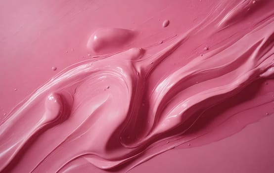 A closeup of a vibrant pink lipstick texture, showcasing a range of shades like petal, violet, magenta, and peach. The liquid formula creates a beautiful pattern with hints of carmine