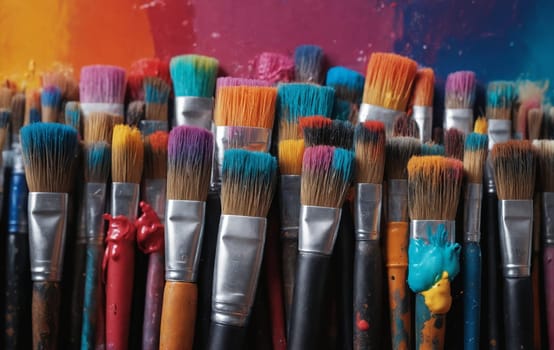 A variety of paint brushes in different colors like violet, magenta, and electric blue are lined up in a row. Perfect for art, fashion design, or office supplies