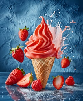 Strawberry ice cream and strawberries on blue background...