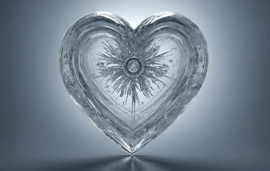 An ice sculpture resembling a heart with a delicate flower frozen in the center, symbolizing the fusion of nature and elements like water and sky in human artistry