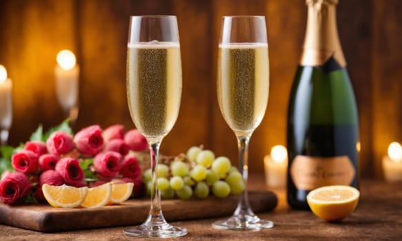 Glasses of champagne and fresh fruits on wooden background, closeup.