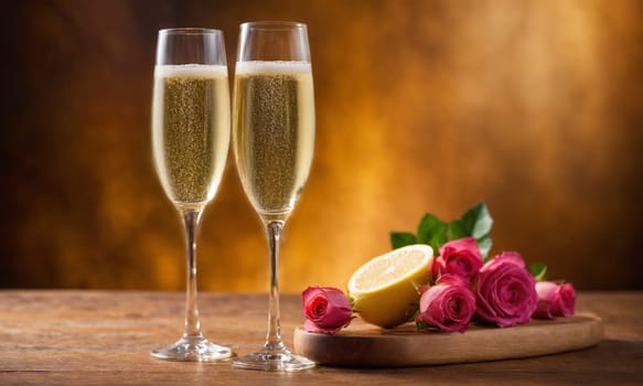 Glasses of champagne and fresh fruits on wooden background, closeup.