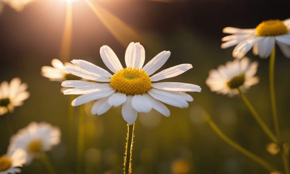 Beautiful daisies on a meadow in the rays of the setting sun.