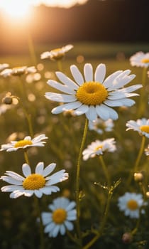 Beautiful daisies on a meadow in the rays of the setting sun.