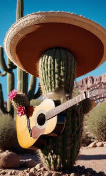 Guitar and cactus in a pot on a dark background.