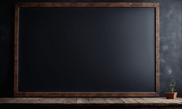 Blank blackboard with wooden frame on a dark wooden background