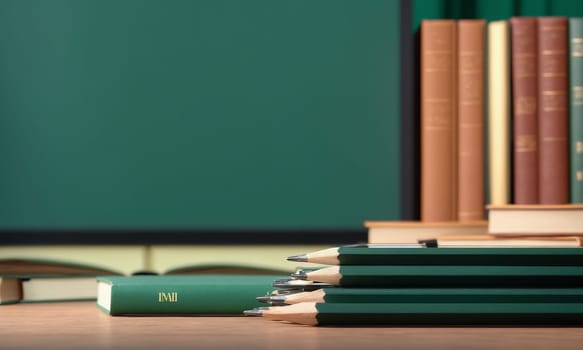 Pencils and notebooks on wooden table against green chalkboard background.