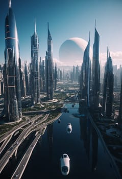 Futuristic view of the city of the future. Future metropolis concept.