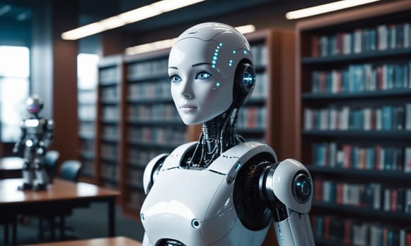 3d rendering humanoid robot in library with bookshelves in background.