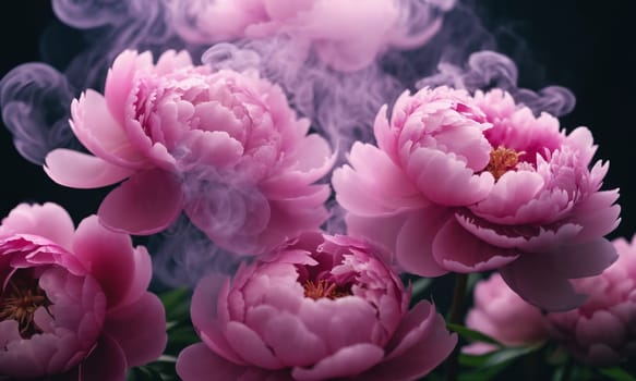 Beautiful peony flowers with smoke on dark background, closeup.