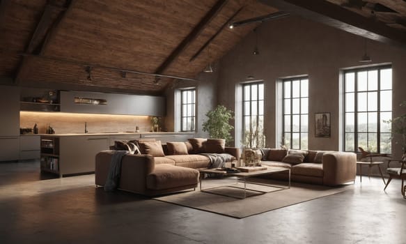 Interior of modern loft living room with wooden walls, wooden floor, comfortable sofa and coffee table. 3d rendering.