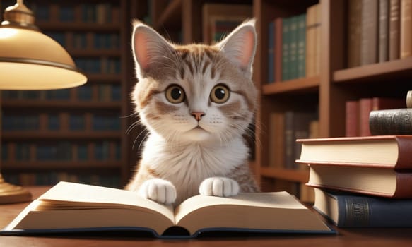 Cute cat reading books on a wooden table in the library, close-up