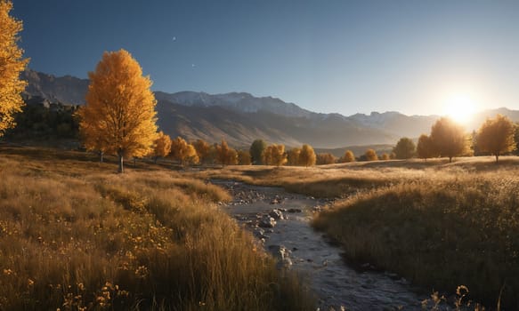 Autumn Landscape with yellow Aspens and snow covered mountains.