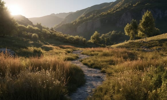 Mountain landscape with a small river in the rays of the setting sun.