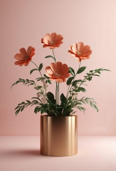 Orange gerbera flowers in a white vase on a pink background.