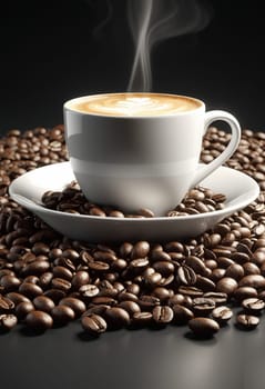 Cup of coffee with coffee beans on a black background, close up.