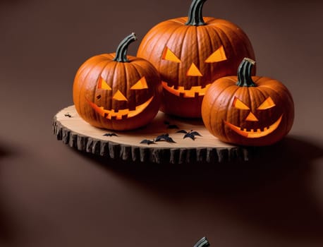 The image shows three pumpkins sitting on a wooden shelf, with one pumpkin missing a stem and another with a carved face. - seamless and tileable
