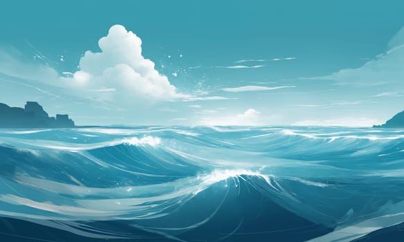 Blue ocean wave with white clouds and blue sky. illustration.