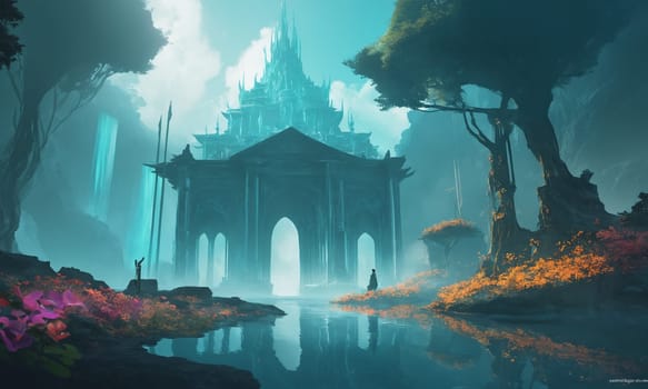 Mystical temple in the fog. 3D rendering illustration