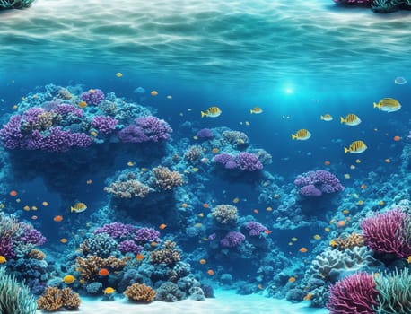 The image depicts a colorful underwater scene with coral reefs, schools of fish, and other marine life swimming in the water. - seamless and tileable