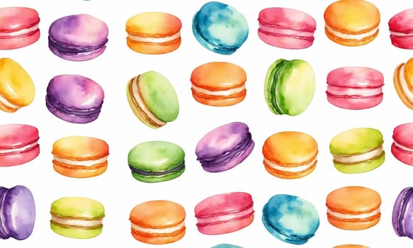 Colorful macaroons with watercolor splashes on white background.