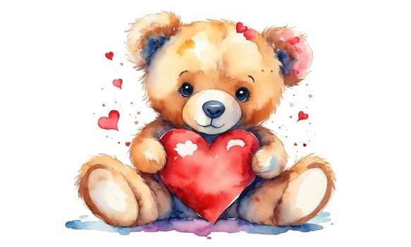 Teddy bear with heart on white background. Watercolor illustration