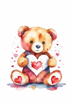 Teddy bear with heart on white background. Watercolor illustration