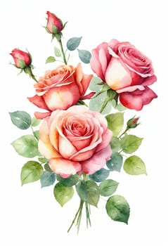 Watercolor bouquet of roses. Hand painted illustration isolated on white background.