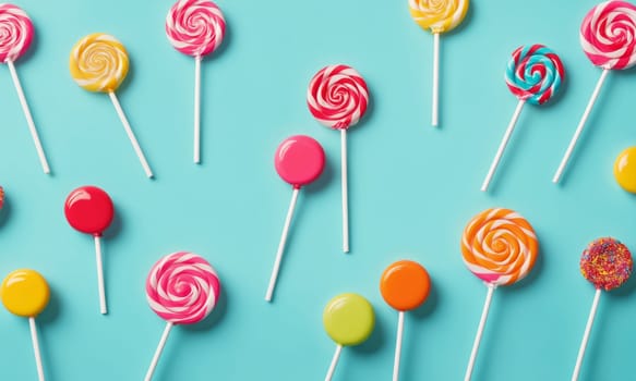 Colorful lollipops on blue background. Top view