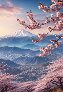 Beautiful cherry blossoms and Mt at sunrise, .