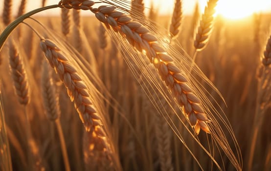 Ears of wheat on the field at sunset, close-up.