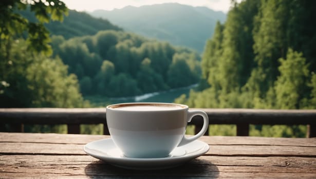 Coffee cup on wooden table in front of beautiful mountain landscape.