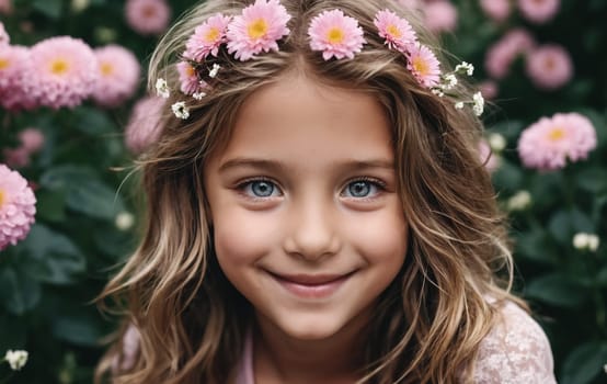 portrait of smiling little girl in flower wreath looking at camera.