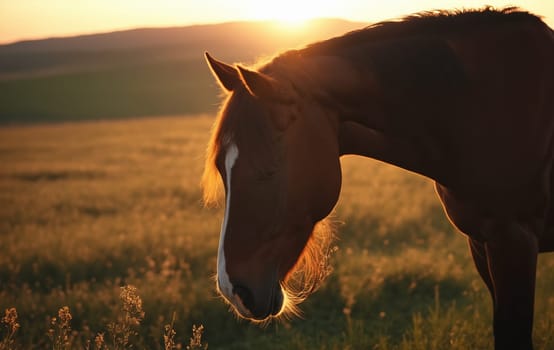 Horse on a meadow at sunset, close-up