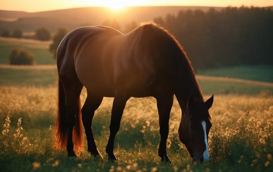 Beautiful horse grazing in meadow at sunset, closeup view.