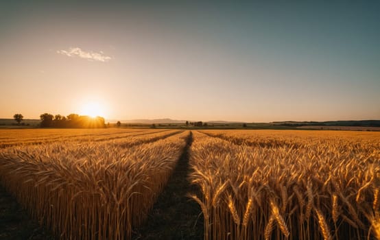 Wheat field at sunset. Beautiful Nature Sunset Landscape. Rural Scenery under Shining Sunlight