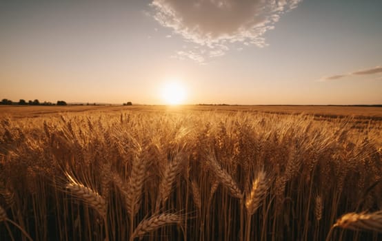 Sunset or sunrise in a field with ears of golden wheat