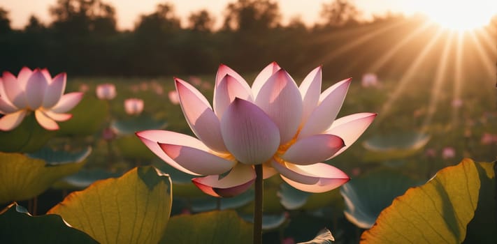 Lotus flower blooming in the pond at sunset, Thailand