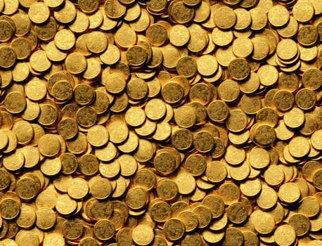 The image is a photograph of a pile of gold coins on a table. - seamless and tileable
