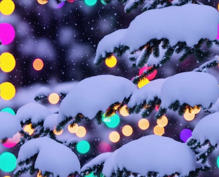 The image is a winter scene with snow covered trees and lights in the background. - seamless and tileable