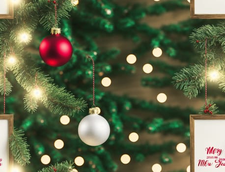 The image is a green Christmas tree with white ornaments hanging from its branches, and a red and white banner with the words Merry Christmas written on it. - seamless and tileable