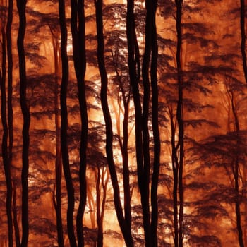 The image is a forest scene with tall trees in the foreground and a sunset in the background. - seamless and tileable
