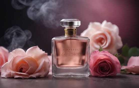 A glass bottle of perfume is nestled amidst a bed of delicate pink roses on a table, surrounded by the beautiful petals of the flowers