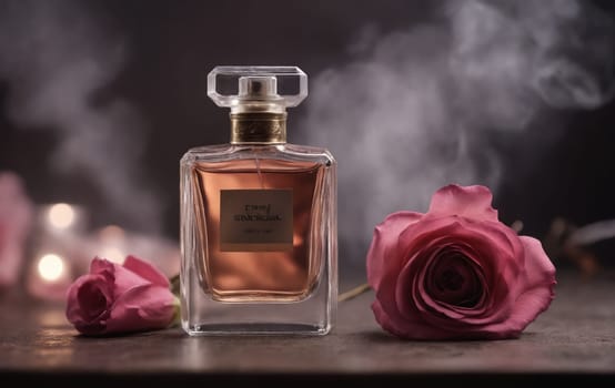 A pink rose in magenta color sits next to a bottle of liquid inside a glass container on a rectangular table, creating a serene and elegant event display