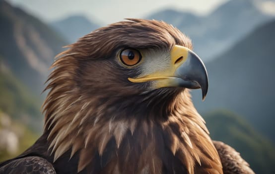 A close up of a majestic golden eagles head, a member of the Accipitridae family and a powerful bird of prey in the Falconiformes order, with a stunning mountain backdrop
