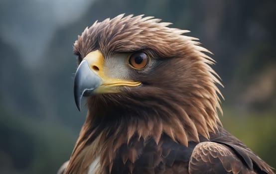 A closeup image showcasing the majestic head of a golden eagle, a large bird of prey in the Accipitridae family with a striking yellow beak